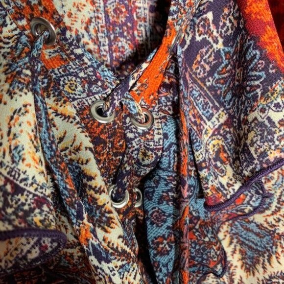 New Directions Boho Patchwork Blouse Large V-Neck Bell Sleeve Fall Top - Picture 10 of 10